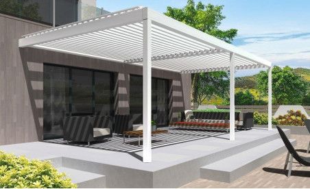 Pergola bioclimatique h2 hélios pose mur/sol blanche avec lames orientables double travées