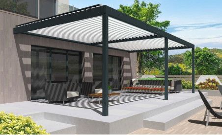 Pergola bioclimatique h2 hélios pose mur/sol grise avec lames orientables blanches double travées