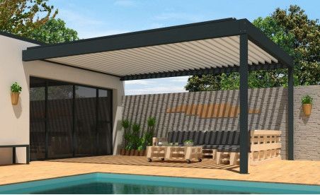 Pergola bioclimatique h2 hélios pose mur/sol grise avec lames orientables blanches