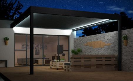 Pergola bioclimatique à lames orientables h2 hélios pose mur/sol grise avec éclairage led